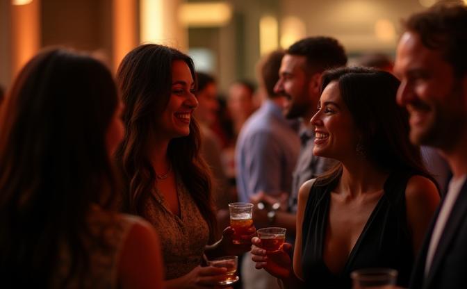 Group of media professionals networking and talking at an event, smiling and engaged