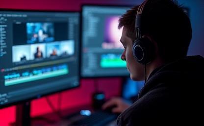 Person focused on editing video content on a computer, representing digital storytelling techniques