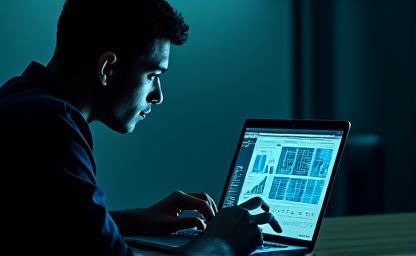 Person working intently on a laptop with complex data analysis charts, symbolizing investigative journalism