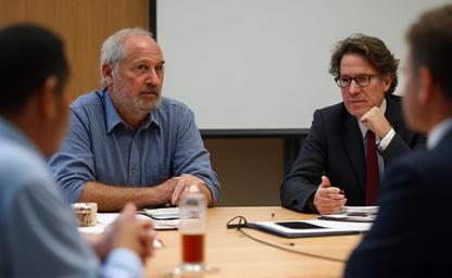 A group of people engaged in a serious discussion during a media ethics seminar